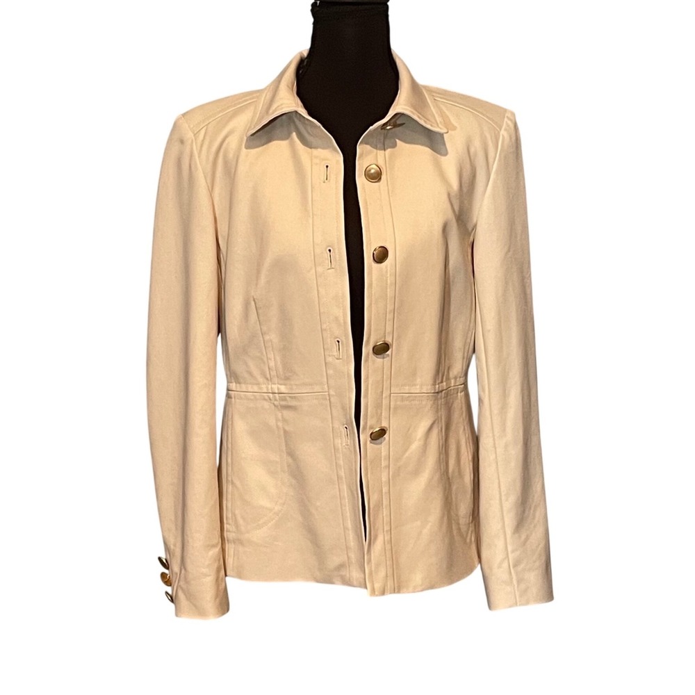 Rafaella Tan Cotton Button Front Utility Jacket 10 Gold Buttons Preppy Heritage